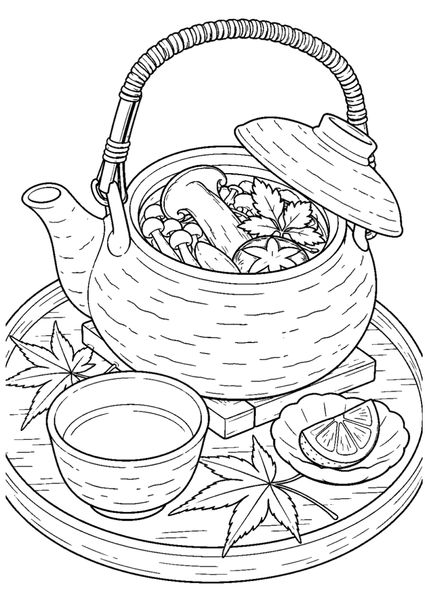 きのこの土瓶蒸しを10月の場面として描いた高齢者向けの白黒線画塗り絵