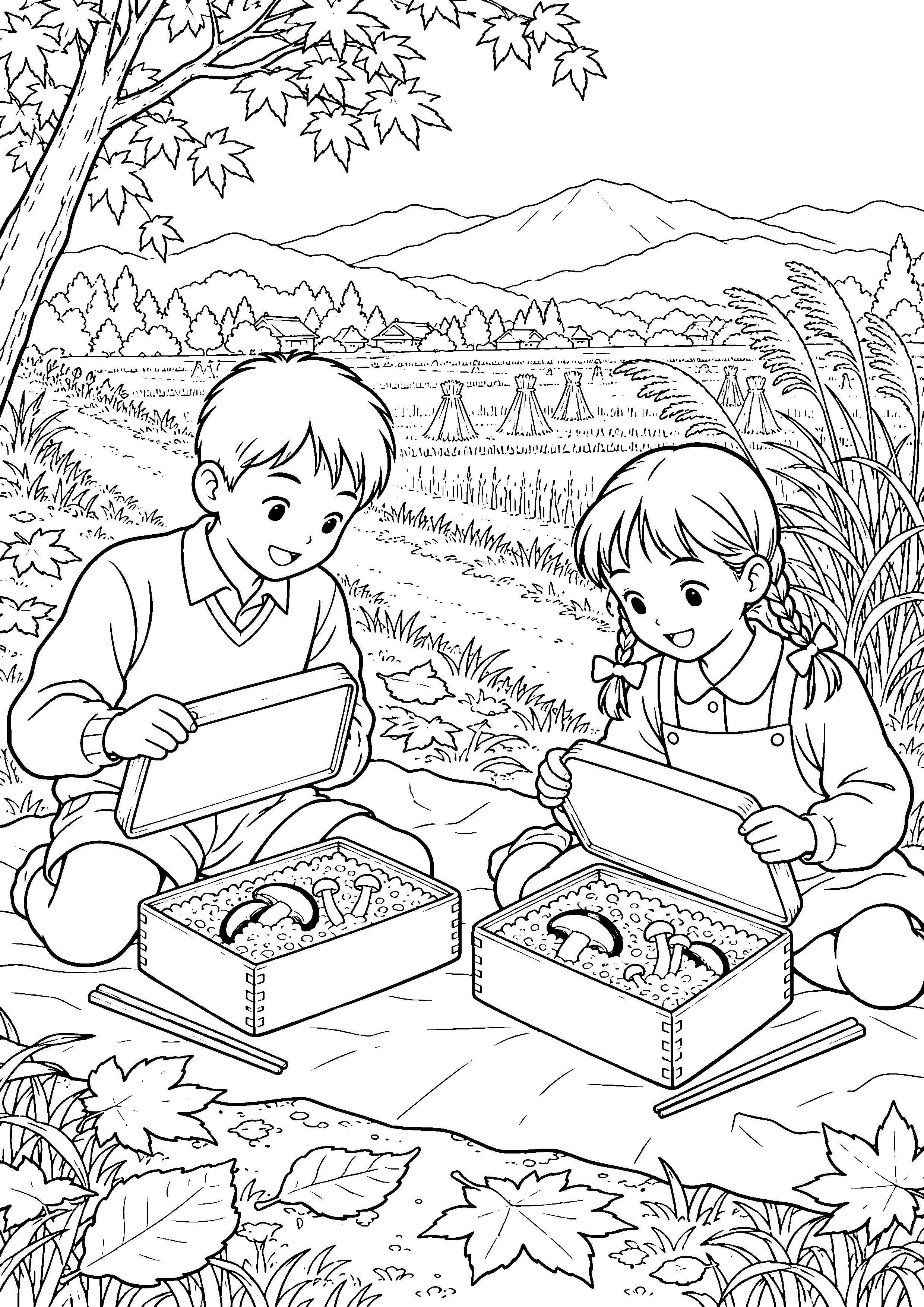 秋の田園できのこご飯の弁当を開く子どもたちの白黒塗り絵