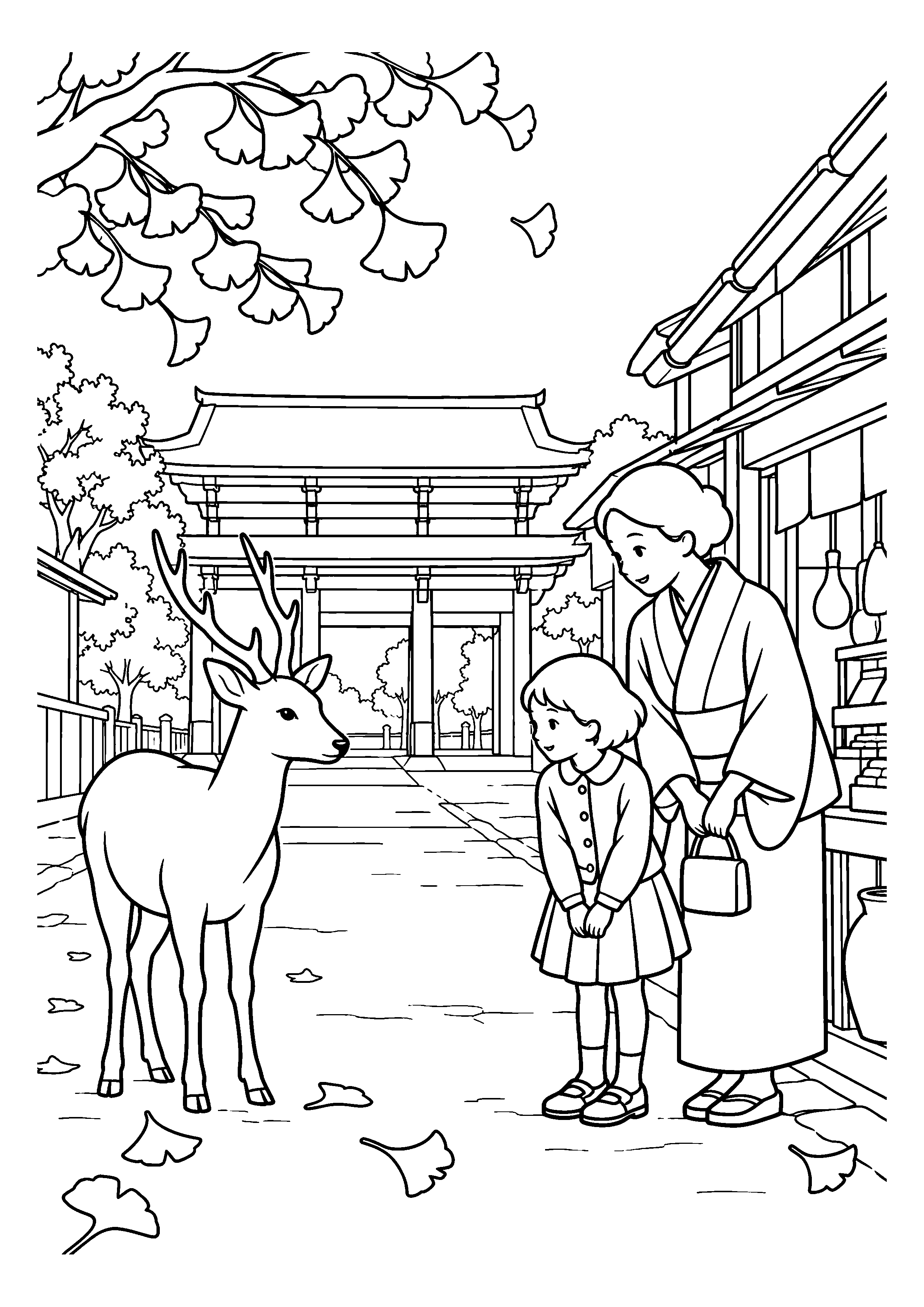 昭和２０年代後半の１１月をイメージした奈良の鹿と門前の道の白黒塗り絵