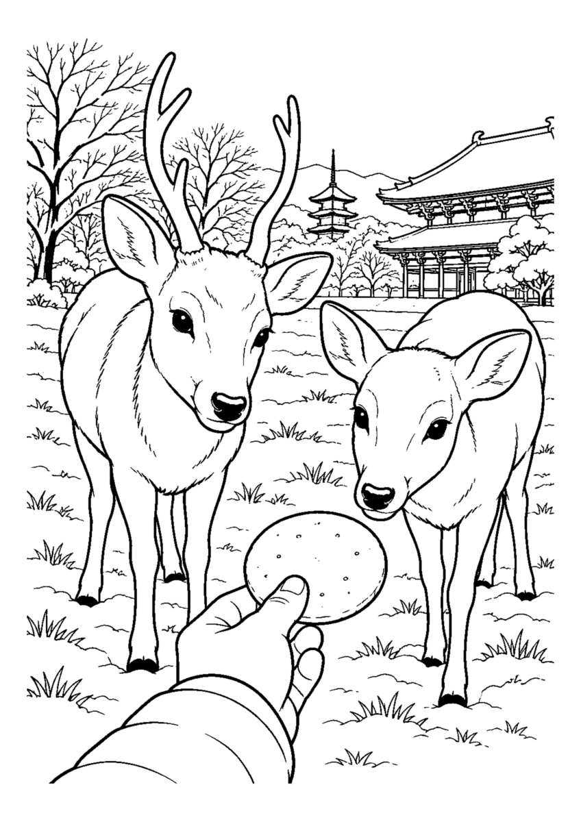 薄雪の芝で鹿2頭とせんべいを持つ手。白黒の高齢者向け塗り絵