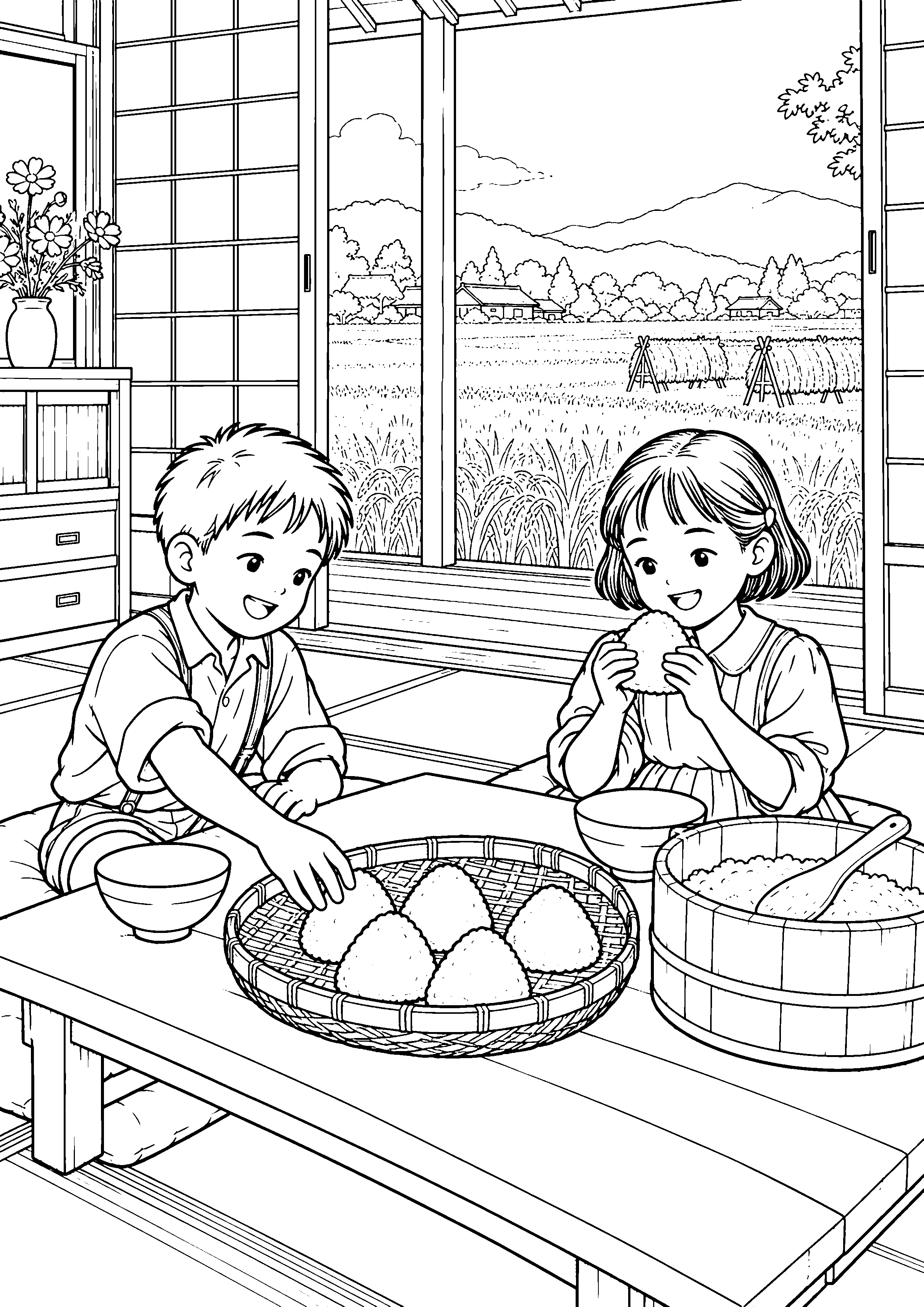 秋の家で新米のおにぎりを囲む子どもたちの白黒塗り絵