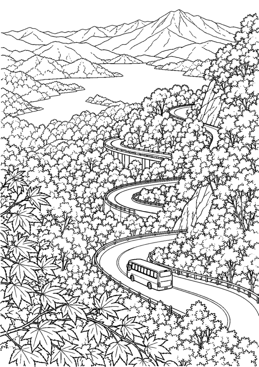 日光いろは坂の紅葉を10月の場面として描いた高齢者向けの白黒線画塗り絵