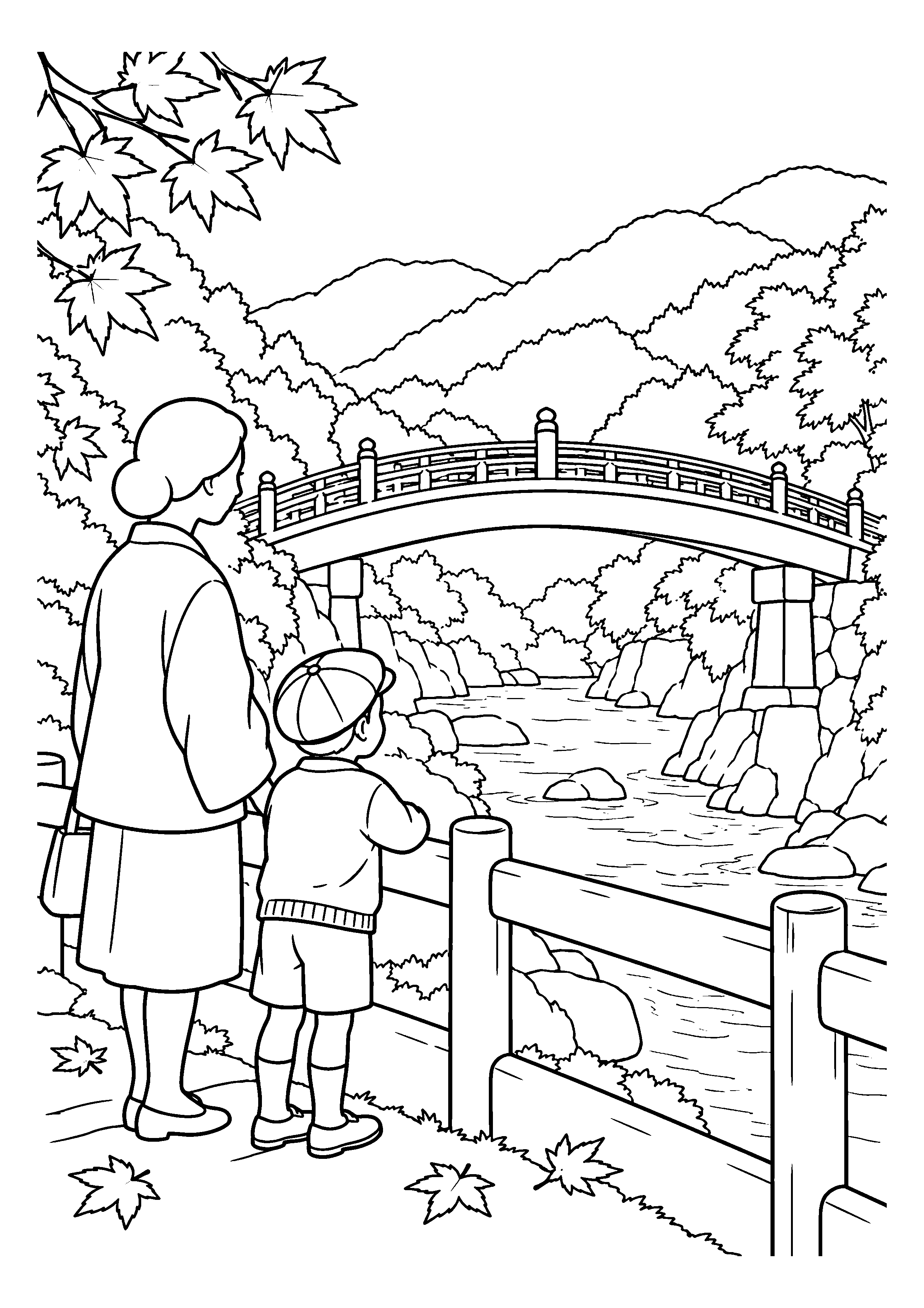 昭和２０年代後半の１１月をイメージした日光の神橋を眺める道の白黒塗り絵