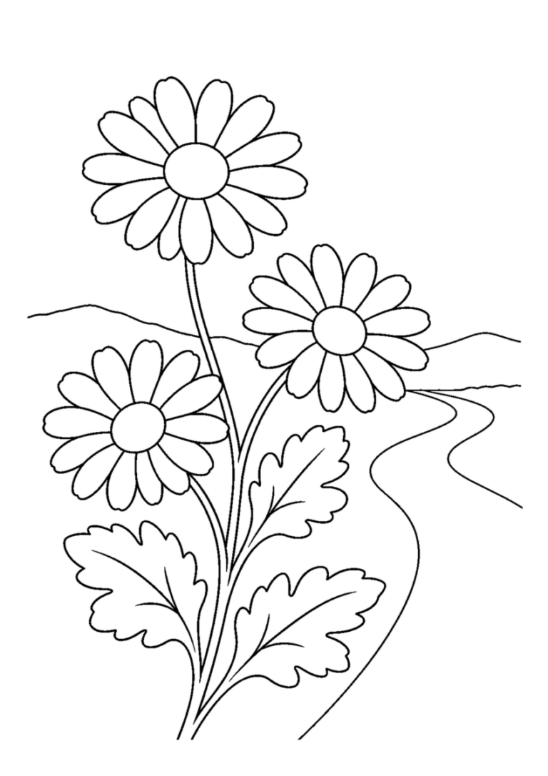 曲がる野道の手前に三つの大きな花と切れ込みのある葉を描いたノジギクの白黒塗り絵