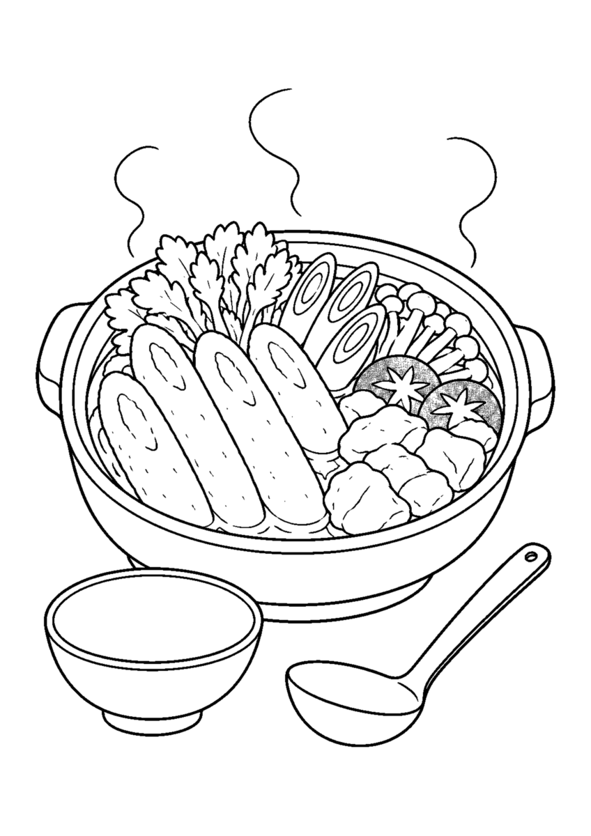 きりたんぽ鍋を主役に、晩秋の季節感が伝わる自然な一場面を描いた高齢者向けの白黒塗り絵