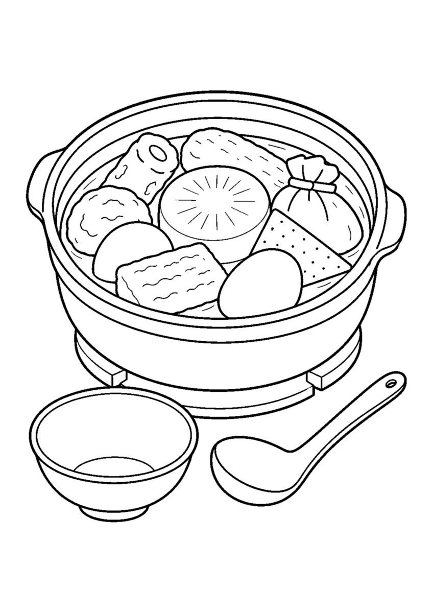 おでんの鍋を主役に、晩秋の季節感が伝わる自然な一場面を描いた高齢者向けの白黒塗り絵