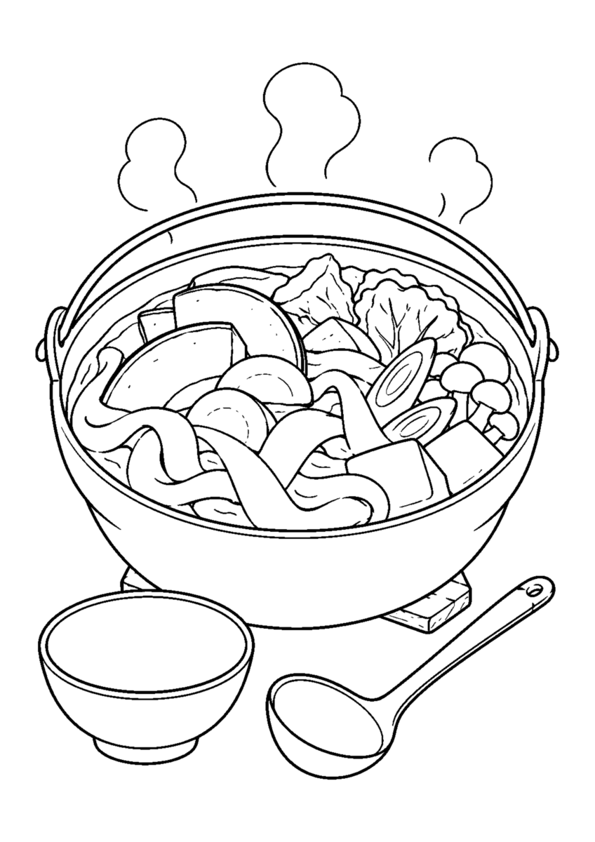 ほうとう鍋を主役に、晩秋の季節感が伝わる自然な一場面を描いた高齢者向けの白黒塗り絵