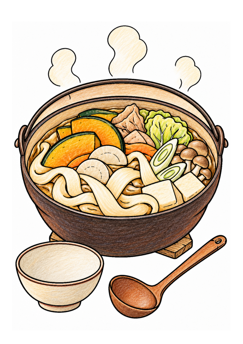 ほうとう鍋を主役に、晩秋の季節感が伝わる自然な一場面を食材の自然な色と器の落ち着いた色、晩秋らしい暖色で仕上げた着色見本