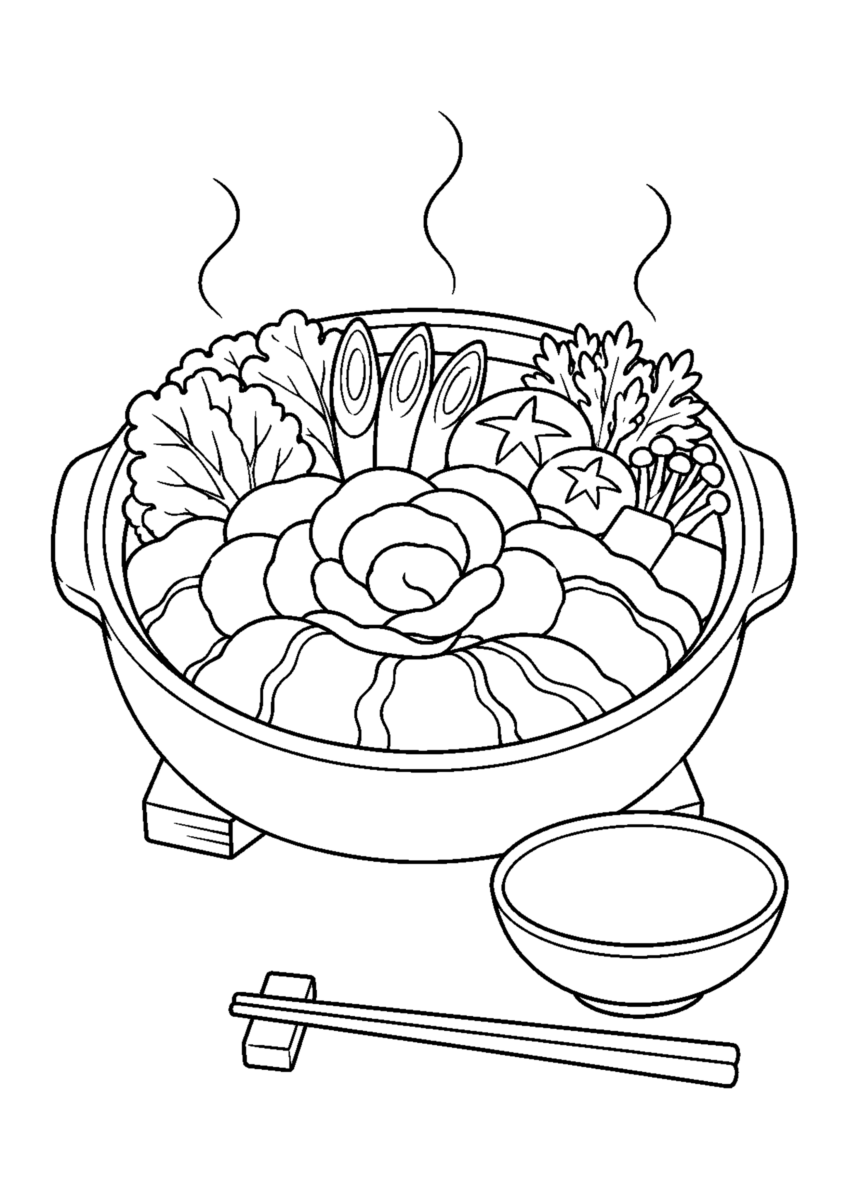 牡丹鍋を主役に、晩秋の季節感が伝わる自然な一場面を描いた高齢者向けの白黒塗り絵