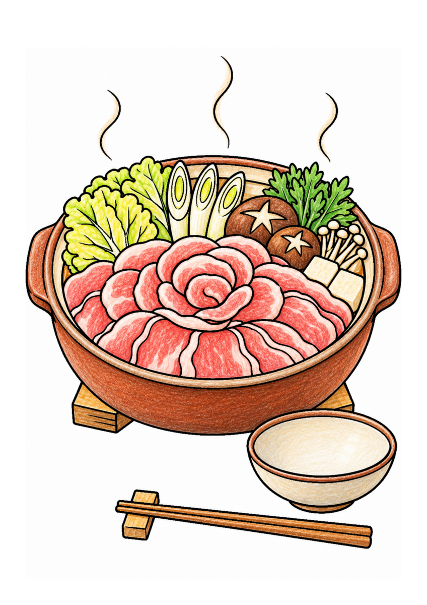 牡丹鍋を主役に、晩秋の季節感が伝わる自然な一場面を食材の自然な色と器の落ち着いた色、晩秋らしい暖色で仕上げた着色見本