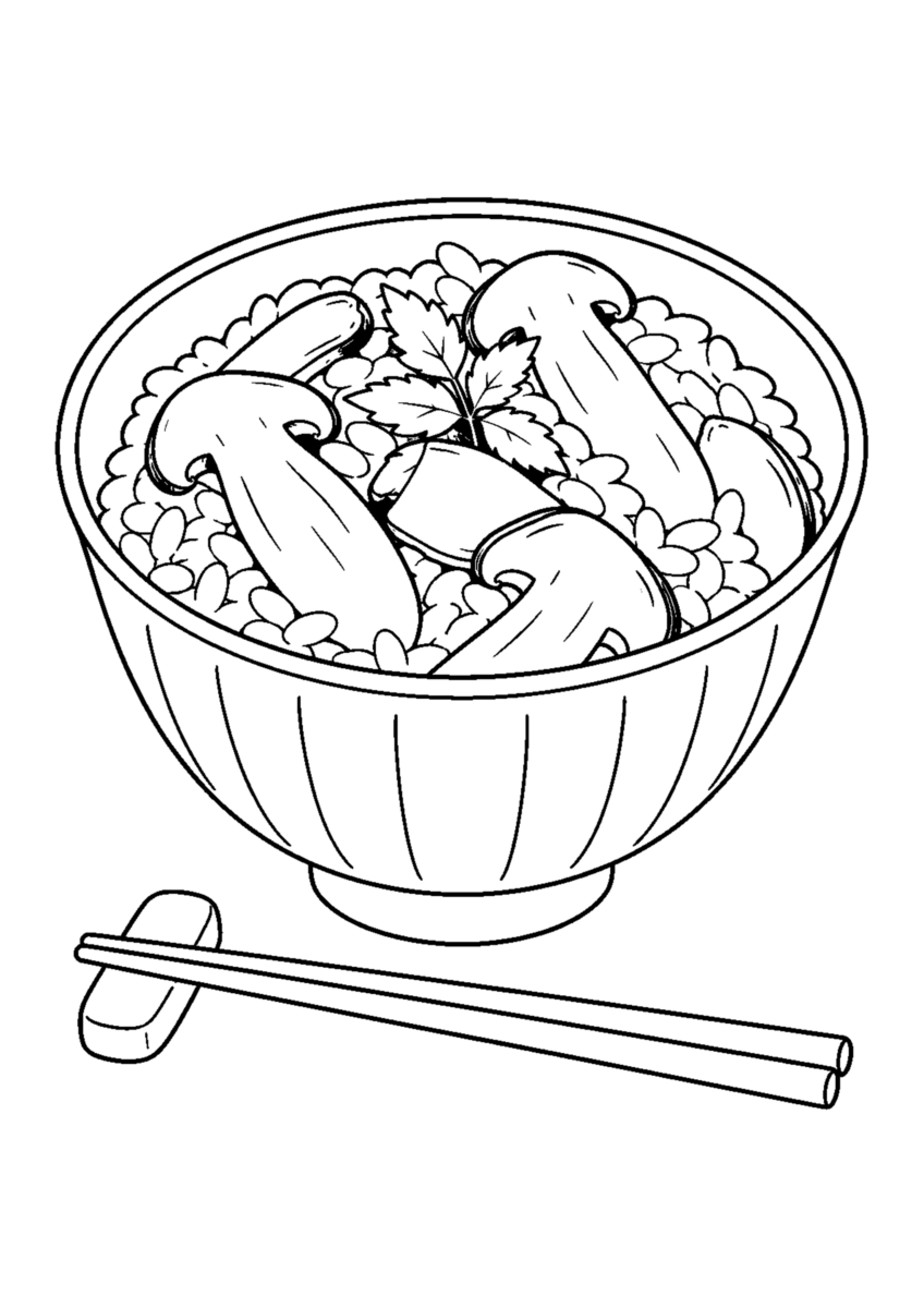松茸ご飯を主役に、晩秋の季節感が伝わる自然な一場面を描いた高齢者向けの白黒塗り絵