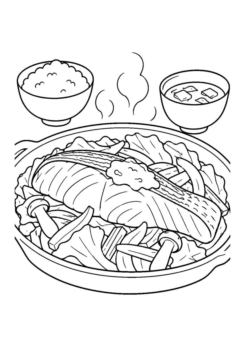 秋鮭のちゃんちゃん焼きを主役に、晩秋の季節感が伝わる自然な一場面を描いた高齢者向けの白黒塗り絵