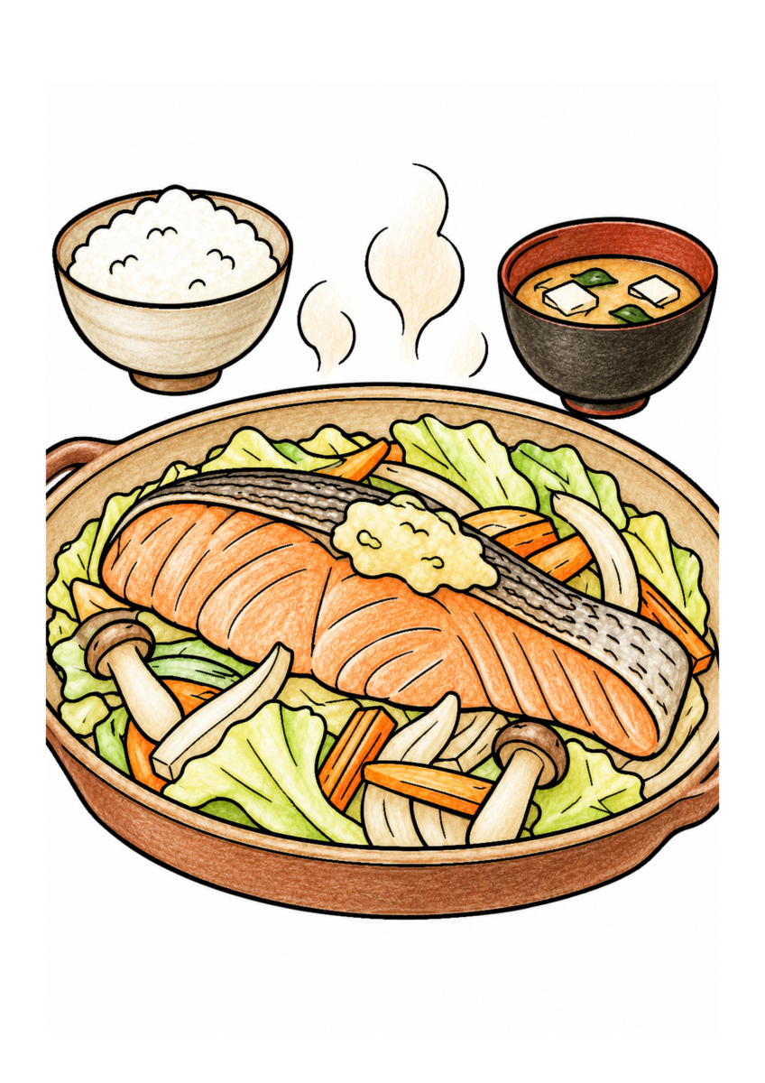 秋鮭のちゃんちゃん焼きを主役に、晩秋の季節感が伝わる自然な一場面を食材の自然な色と器の落ち着いた色、晩秋らしい暖色で仕上げた着色見本