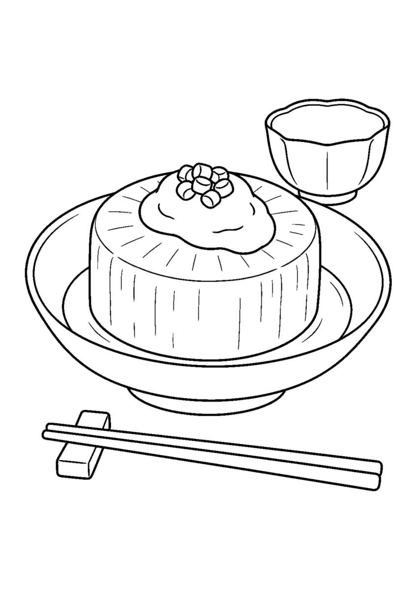 ふろふき大根を主役に、晩秋の季節感が伝わる自然な一場面を描いた高齢者向けの白黒塗り絵