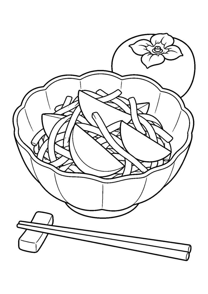 柿なますを主役に、晩秋の季節感が伝わる自然な一場面を描いた高齢者向けの白黒塗り絵