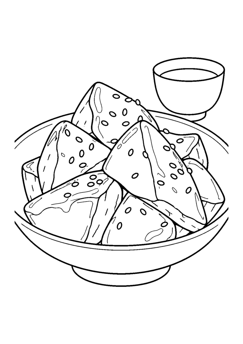 大学芋を主役に、晩秋の季節感が伝わる自然な一場面を描いた高齢者向けの白黒塗り絵