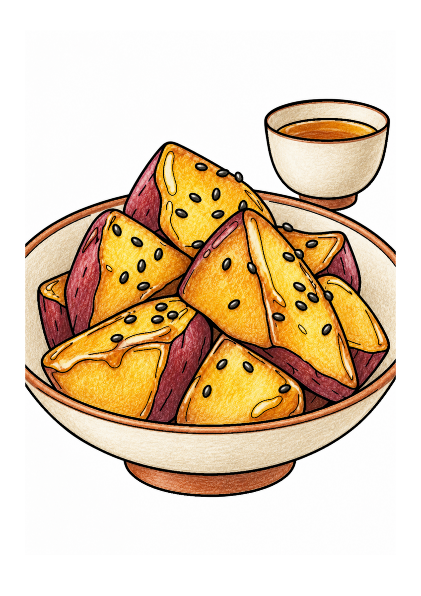 大学芋を主役に、晩秋の季節感が伝わる自然な一場面を食材の自然な色と器の落ち着いた色、晩秋らしい暖色で仕上げた着色見本