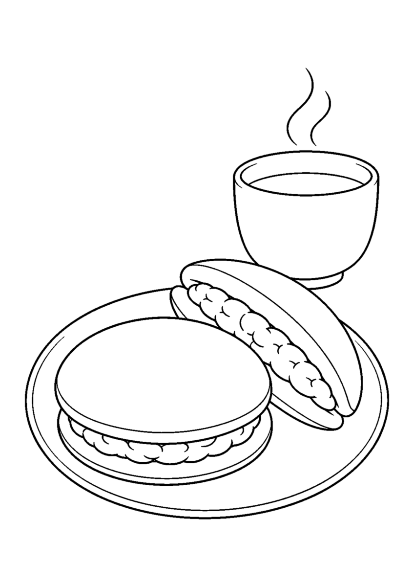 どら焼きとほうじ茶を主役に、晩秋の季節感が伝わる自然な一場面を描いた高齢者向けの白黒塗り絵