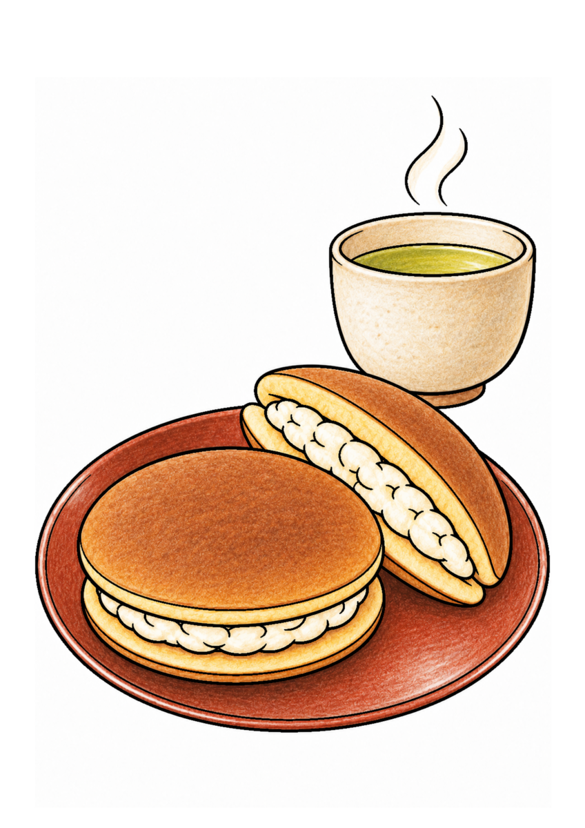 どら焼きとほうじ茶を主役に、晩秋の季節感が伝わる自然な一場面を食材の自然な色と器の落ち着いた色、晩秋らしい暖色で仕上げた着色見本