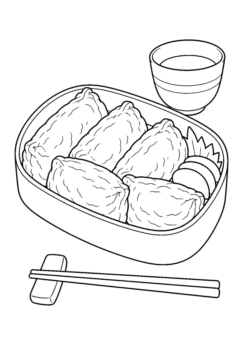 いなり寿司の弁当を主役に、晩秋の季節感が伝わる自然な一場面を描いた高齢者向けの白黒塗り絵