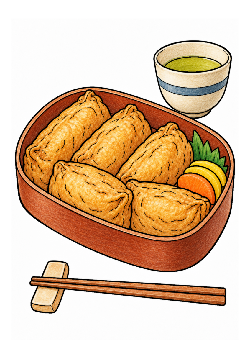 いなり寿司の弁当を主役に、晩秋の季節感が伝わる自然な一場面を食材の自然な色と器の落ち着いた色、晩秋らしい暖色で仕上げた着色見本