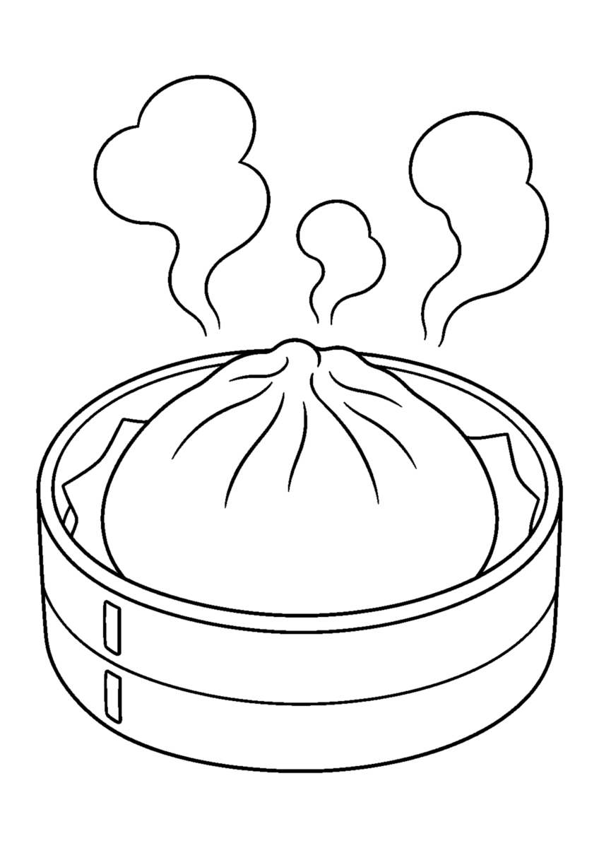 肉まんの湯気を主役に、晩秋の季節感が伝わる自然な一場面を描いた高齢者向けの白黒塗り絵