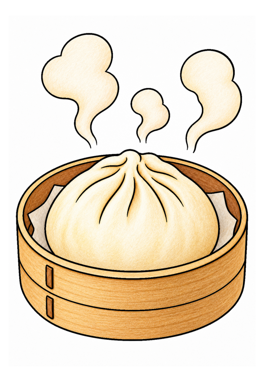 肉まんの湯気を主役に、晩秋の季節感が伝わる自然な一場面を食材の自然な色と器の落ち着いた色、晩秋らしい暖色で仕上げた着色見本