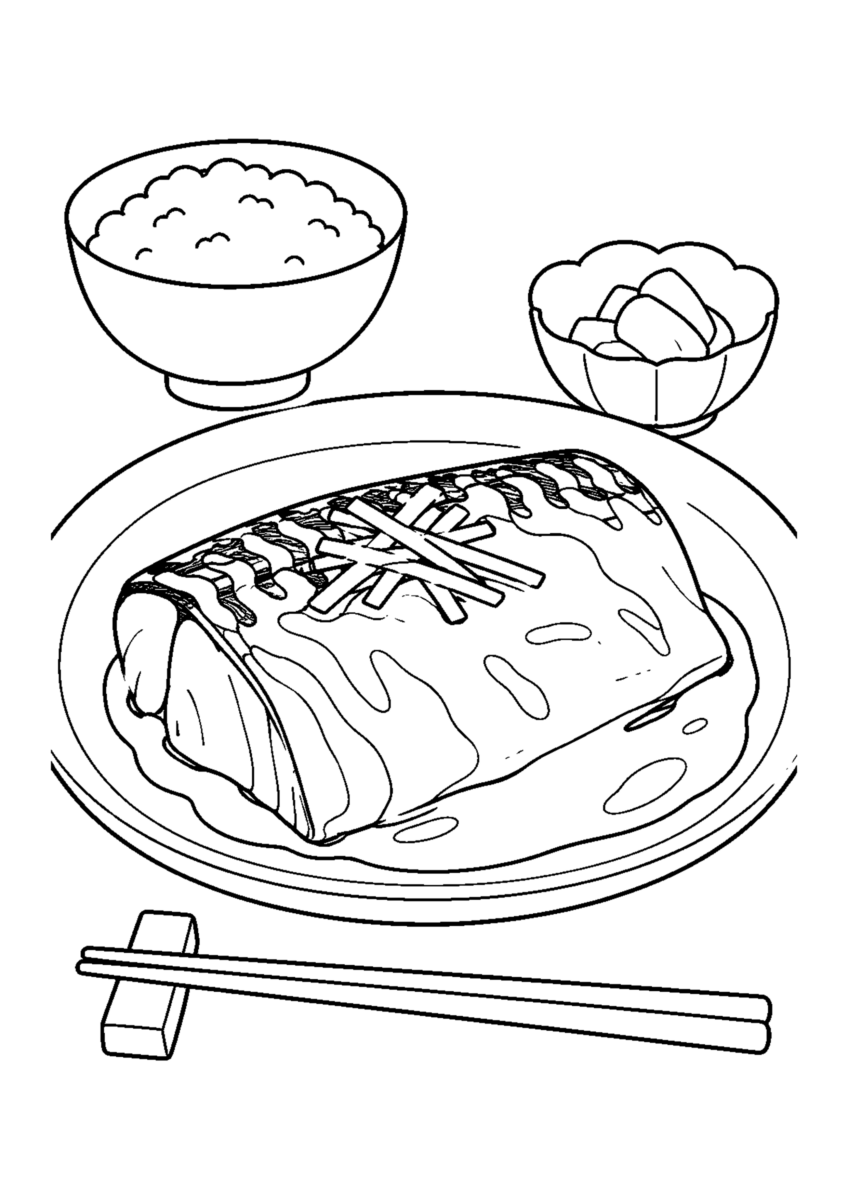 鯖の味噌煮を主役に、晩秋の季節感が伝わる自然な一場面を描いた高齢者向けの白黒塗り絵