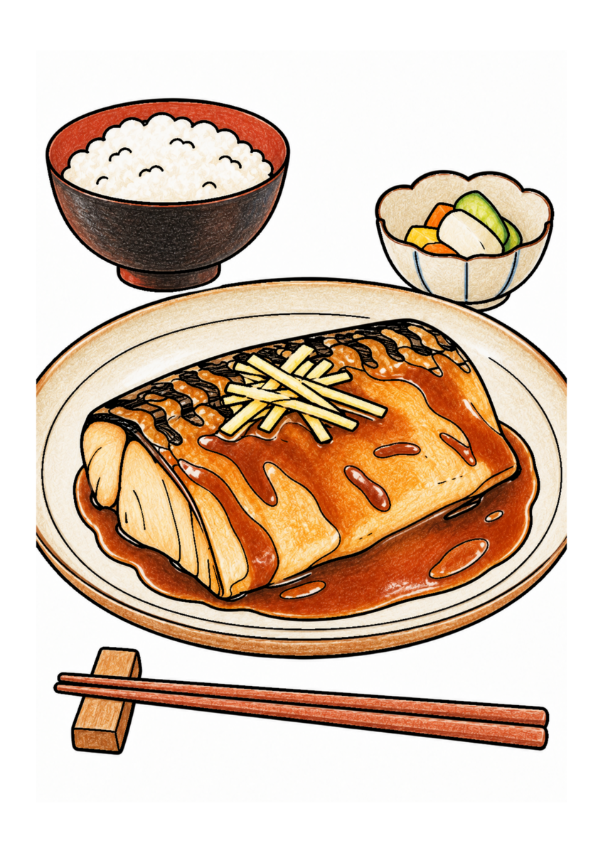 鯖の味噌煮を主役に、晩秋の季節感が伝わる自然な一場面を食材の自然な色と器の落ち着いた色、晩秋らしい暖色で仕上げた着色見本