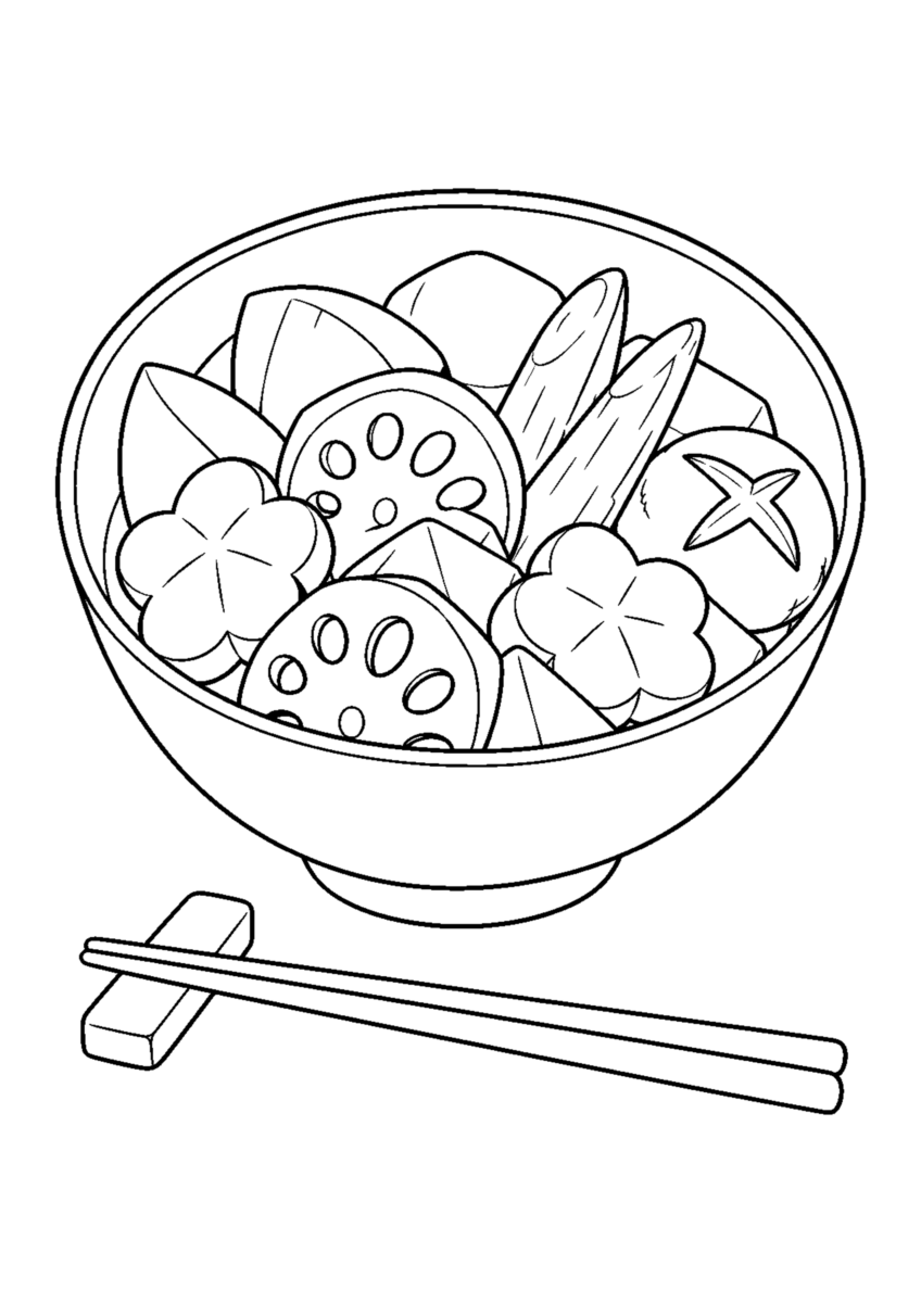 根菜の炊き合わせを主役に、晩秋の季節感が伝わる自然な一場面を描いた高齢者向けの白黒塗り絵