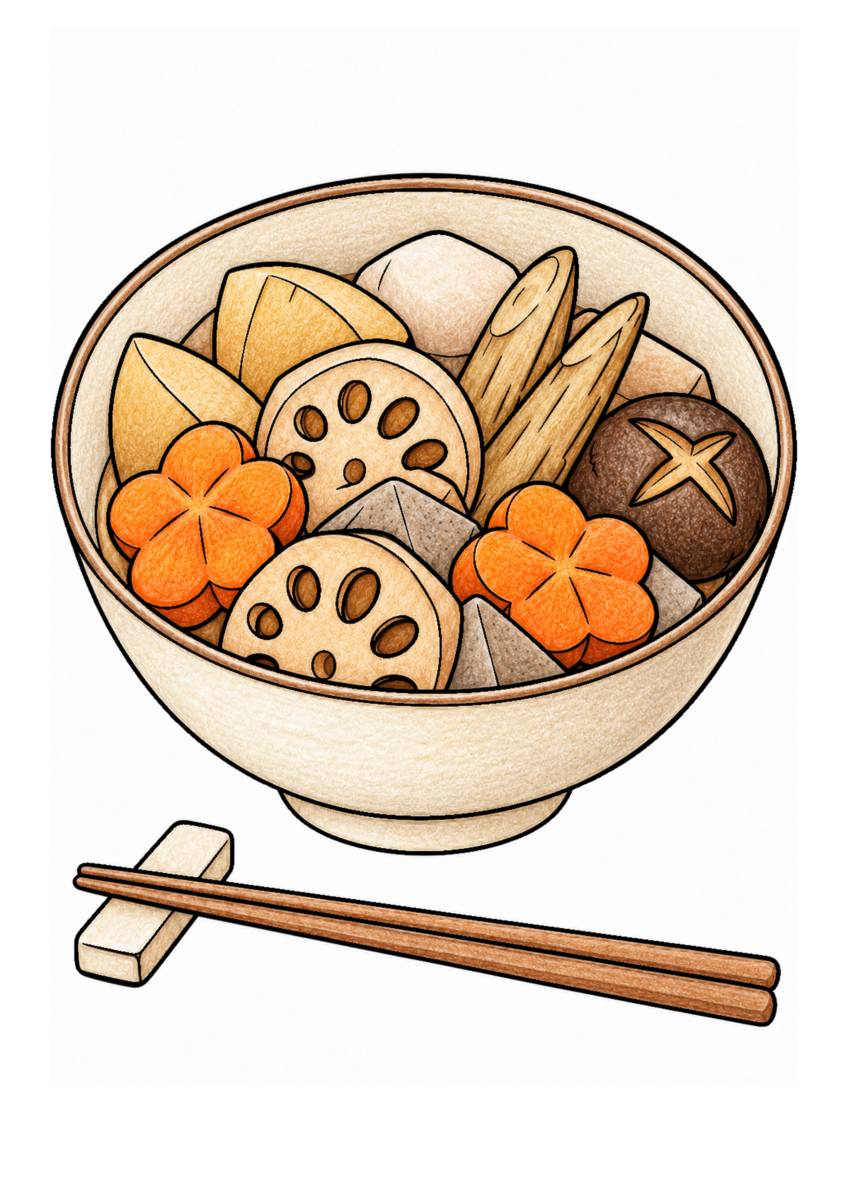 根菜の炊き合わせを主役に、晩秋の季節感が伝わる自然な一場面を食材の自然な色と器の落ち着いた色、晩秋らしい暖色で仕上げた着色見本