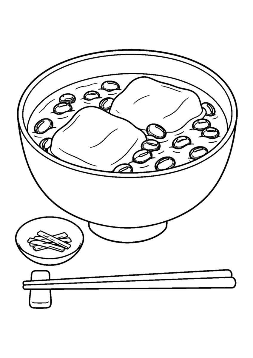 ぜんざいを主役に、晩秋の季節感が伝わる自然な一場面を描いた高齢者向けの白黒塗り絵