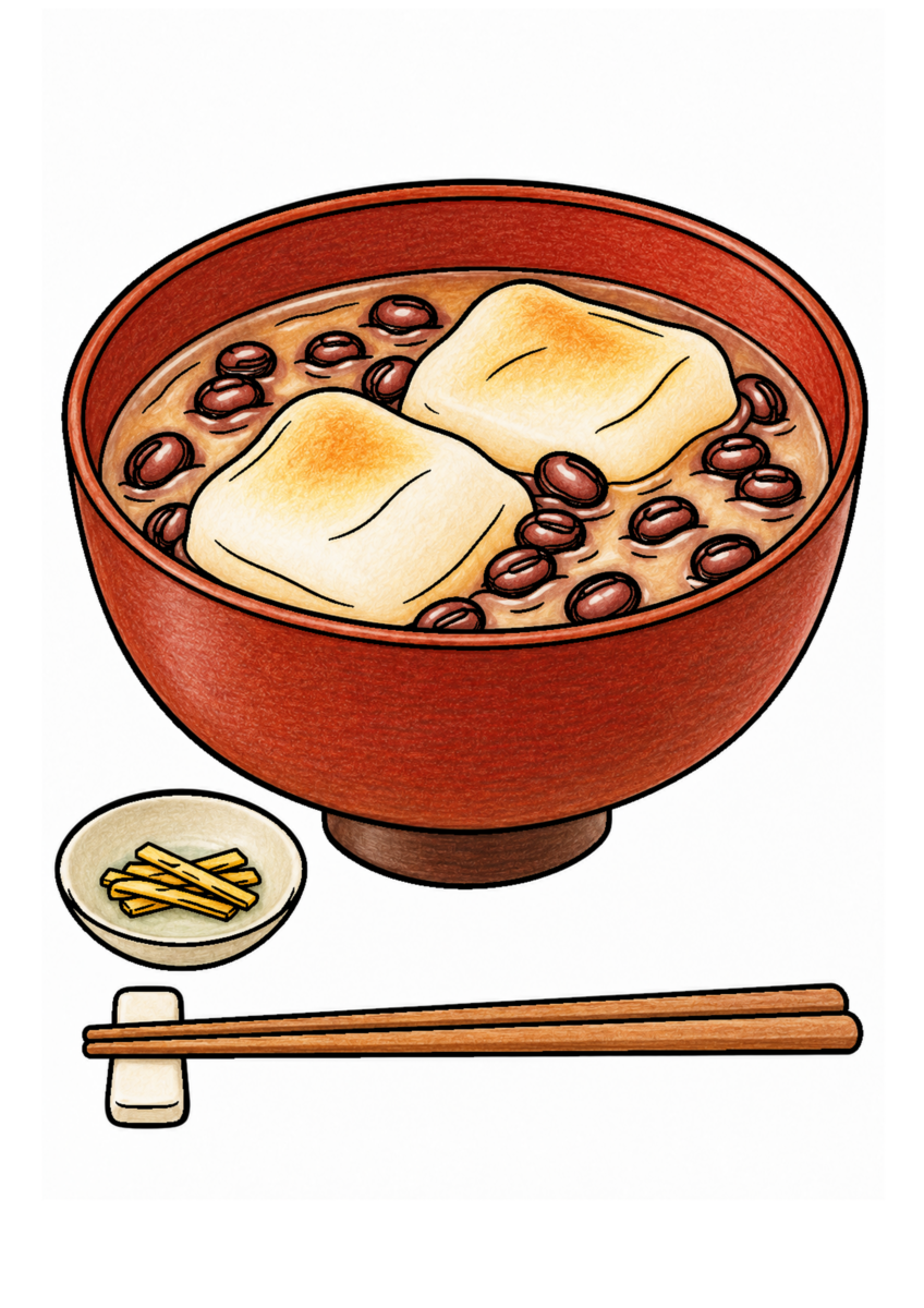 ぜんざいを主役に、晩秋の季節感が伝わる自然な一場面を食材の自然な色と器の落ち着いた色、晩秋らしい暖色で仕上げた着色見本