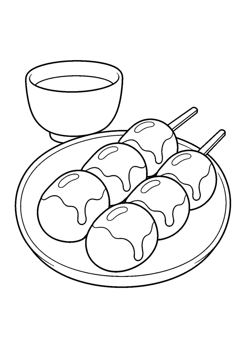 みたらし団子を主役に、晩秋の季節感が伝わる自然な一場面を描いた高齢者向けの白黒塗り絵