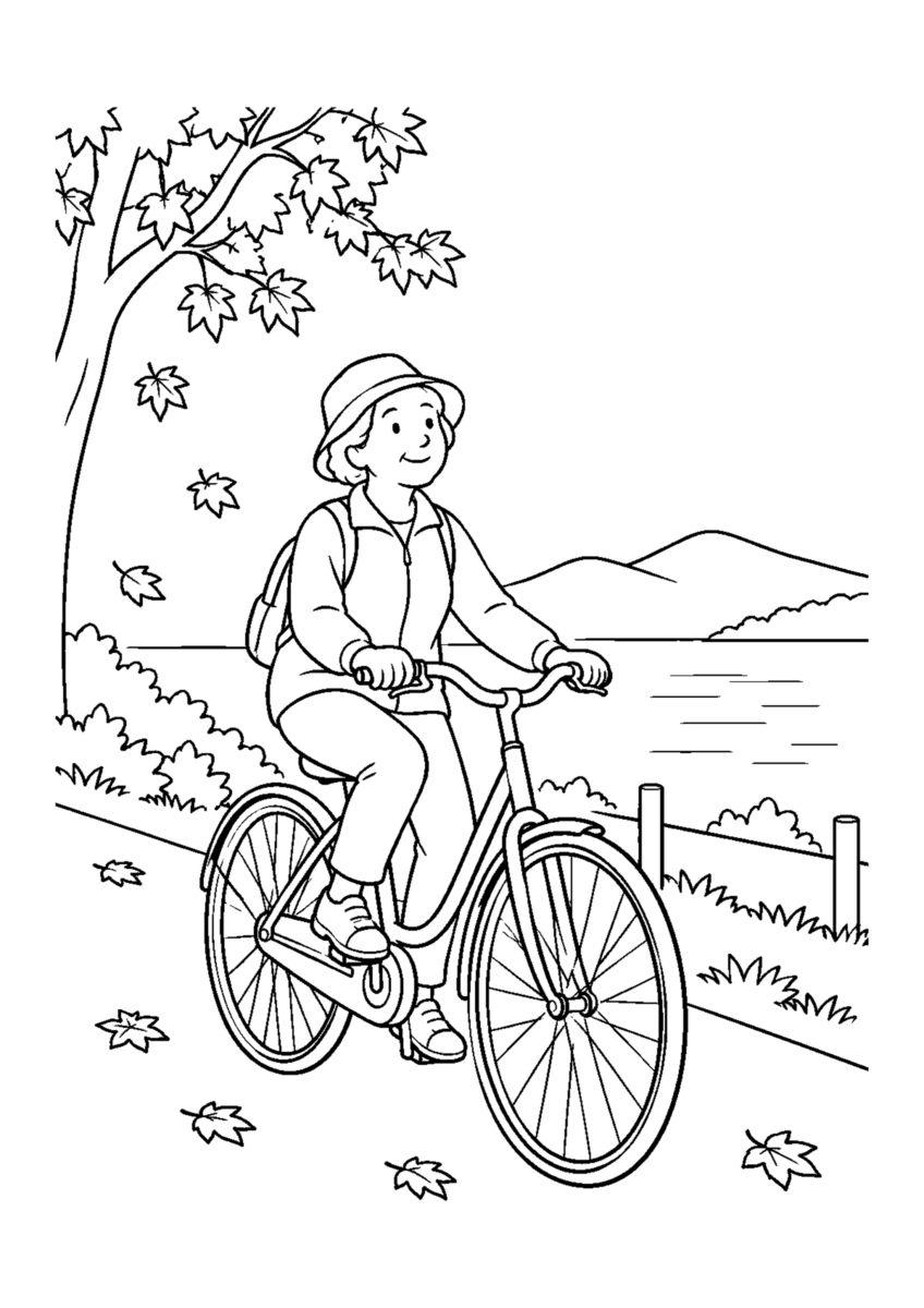 晩秋のサイクリングを主役に、晩秋の季節感が伝わる自然な一場面を描いた高齢者向けの白黒塗り絵