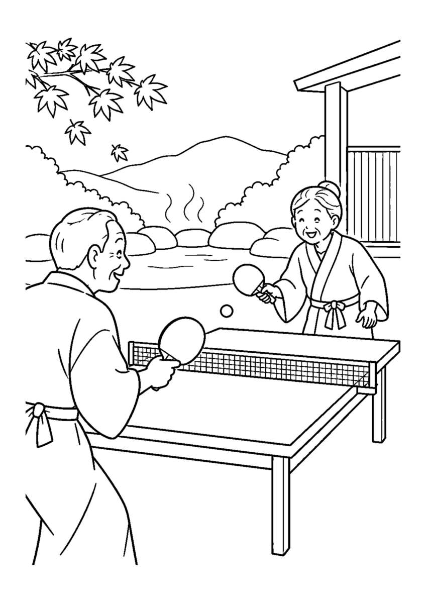 温泉卓球を主役に、晩秋の季節感が伝わる自然な一場面を描いた高齢者向けの白黒塗り絵