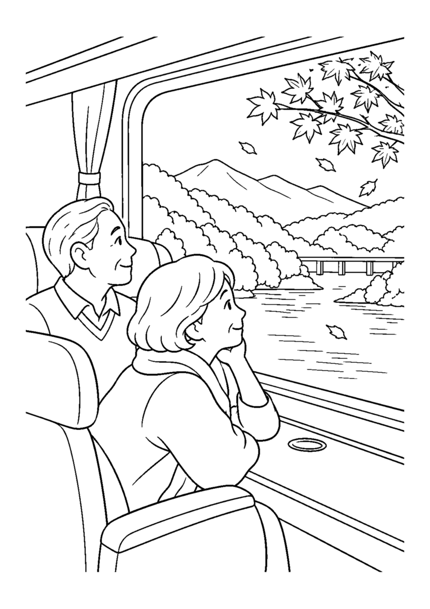 観光列車の旅を主役に、晩秋の季節感が伝わる自然な一場面を描いた高齢者向けの白黒塗り絵