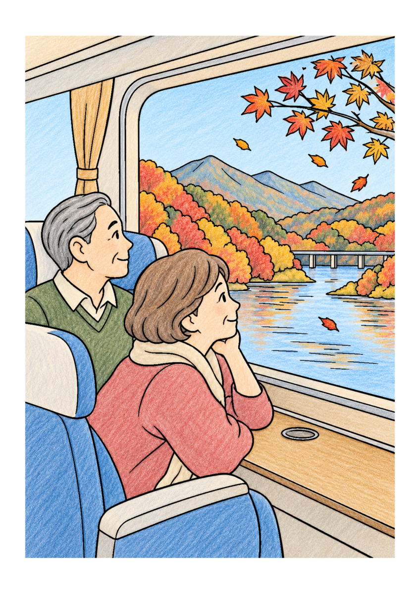 観光列車の旅を主役に、晩秋の季節感が伝わる自然な一場面を紅葉の朱と黄、空の淡い青、道具や服の穏やかな色で仕上げた着色見本