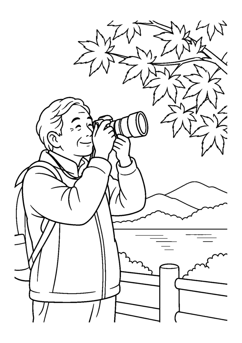 紅葉写真撮影を主役に、晩秋の季節感が伝わる自然な一場面を描いた高齢者向けの白黒塗り絵
