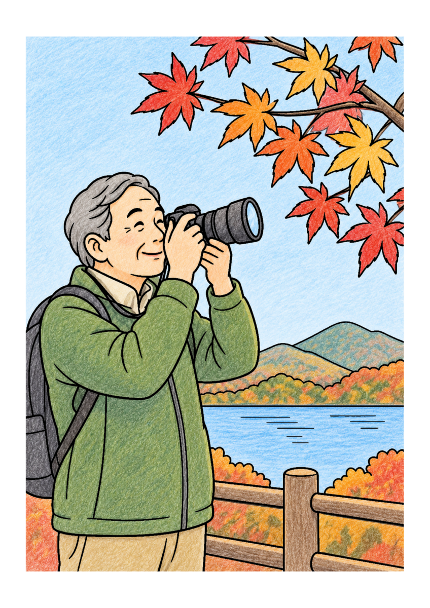 紅葉写真撮影を主役に、晩秋の季節感が伝わる自然な一場面を紅葉の朱と黄、空の淡い青、道具や服の穏やかな色で仕上げた着色見本