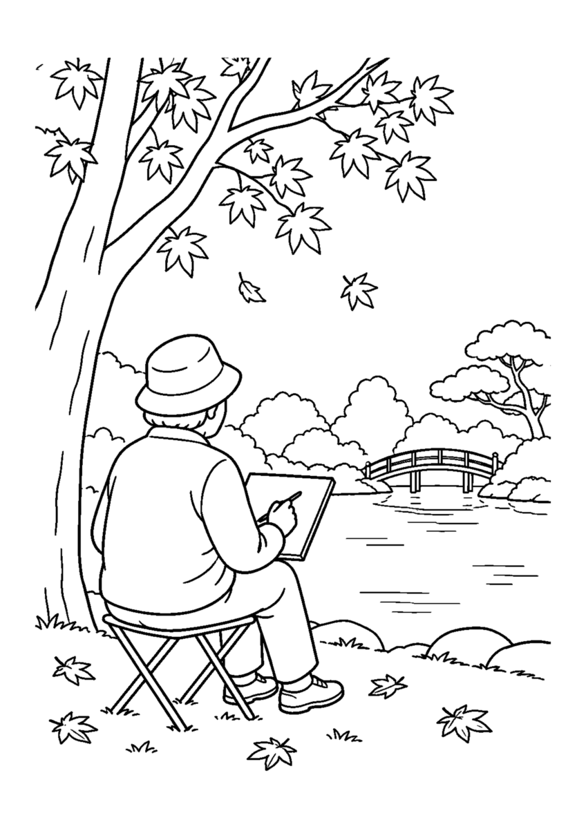 公園の写生を主役に、晩秋の季節感が伝わる自然な一場面を描いた高齢者向けの白黒塗り絵