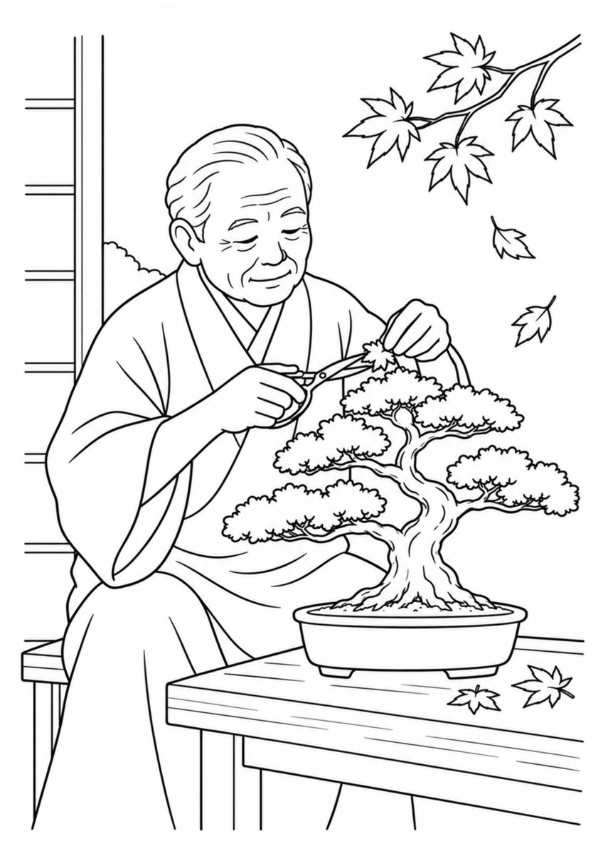 盆栽の手入れを主役に、晩秋の季節感が伝わる自然な一場面を描いた高齢者向けの白黒塗り絵
