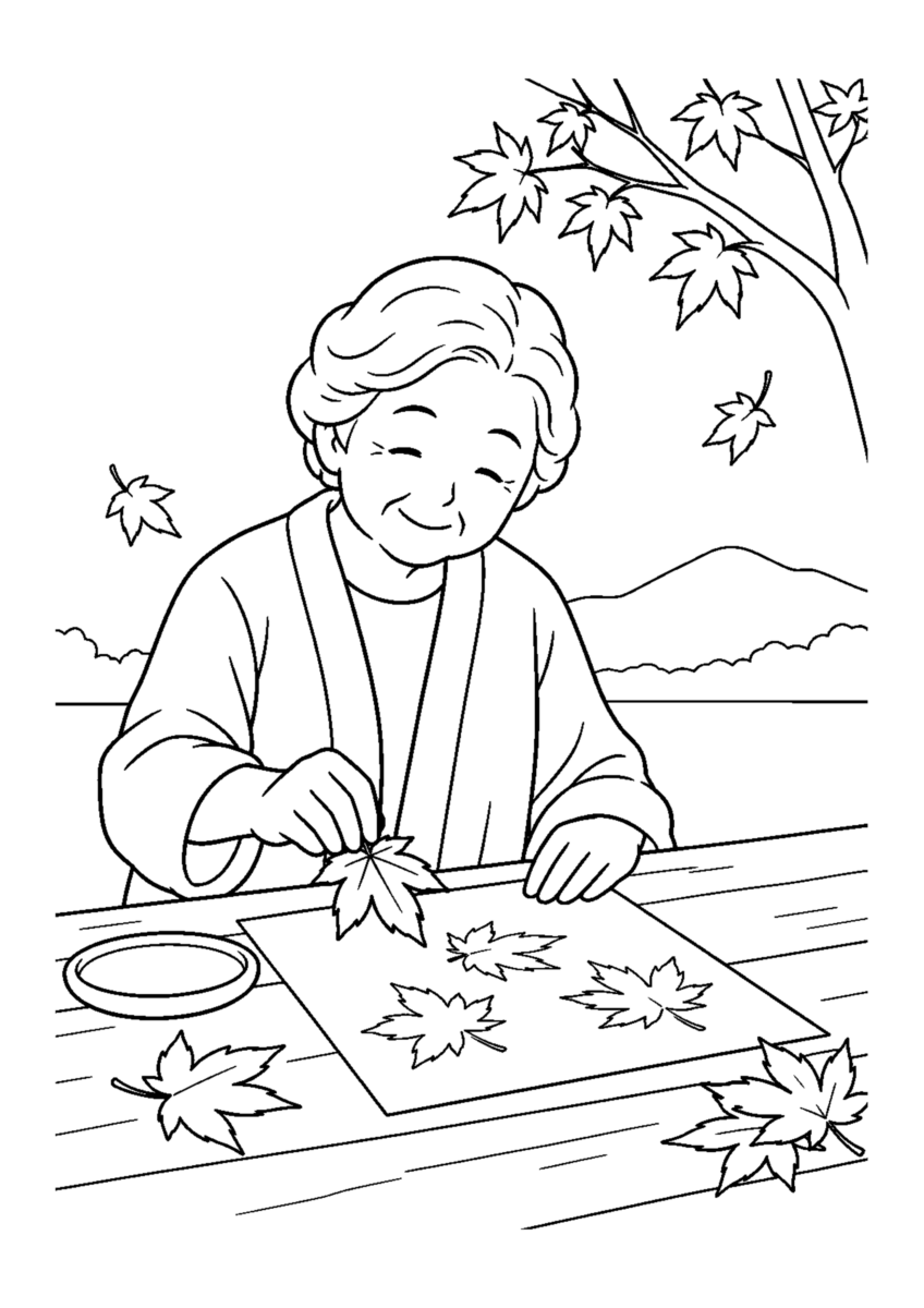 落ち葉スタンプを主役に、晩秋の季節感が伝わる自然な一場面を描いた高齢者向けの白黒塗り絵