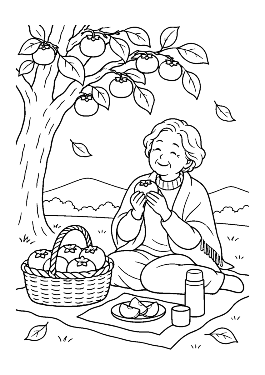 果樹園ピクニックを主役に、晩秋の季節感が伝わる自然な一場面を描いた高齢者向けの白黒塗り絵