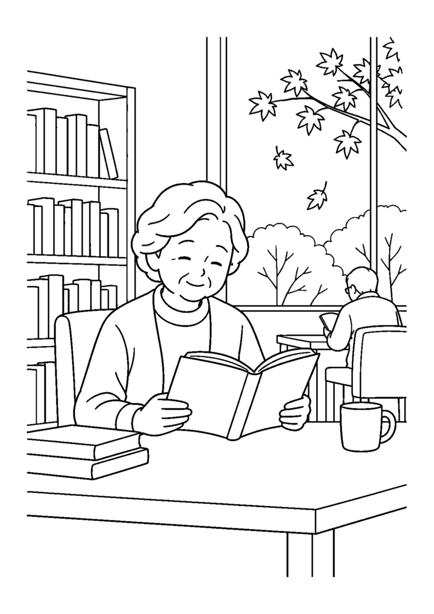 図書館で読書を主役に、晩秋の季節感が伝わる自然な一場面を描いた高齢者向けの白黒塗り絵