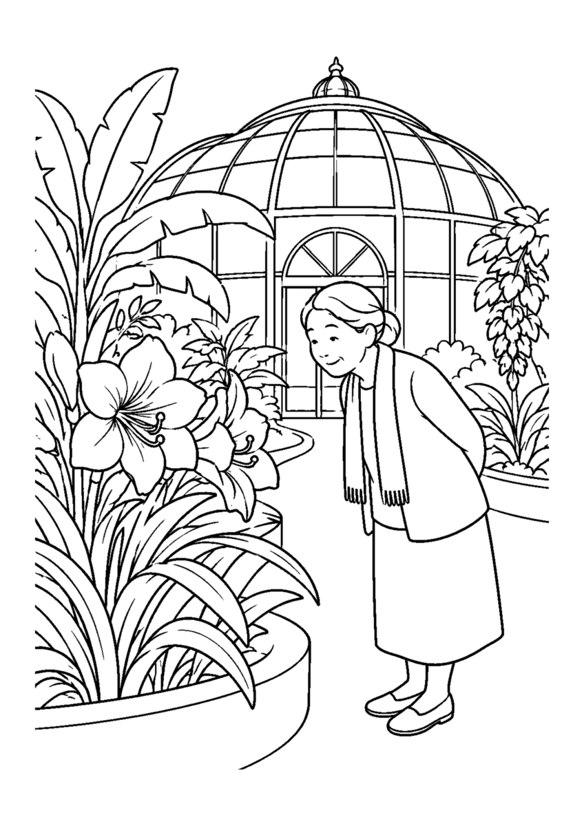 温室植物園を主役に、晩秋の季節感が伝わる自然な一場面を描いた高齢者向けの白黒塗り絵