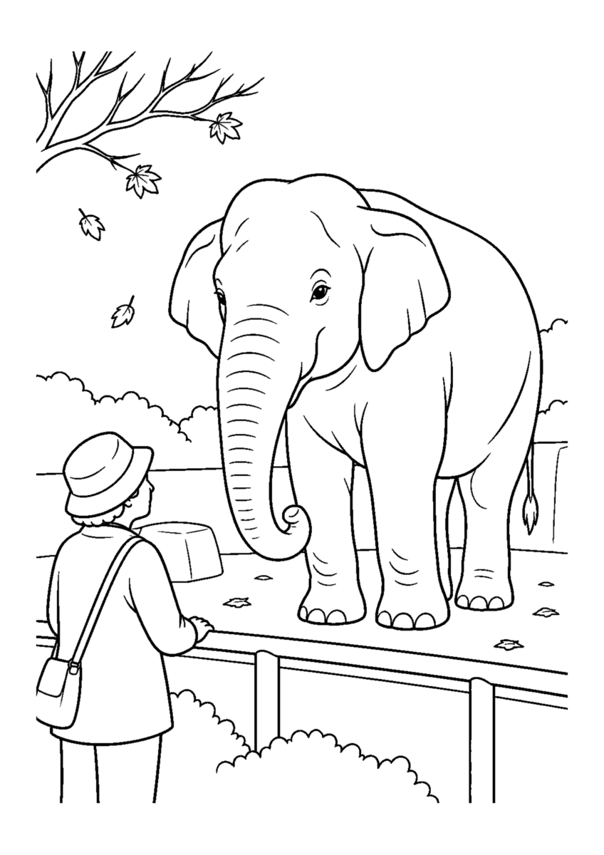 動物園のゾウを主役に、晩秋の季節感が伝わる自然な一場面を描いた高齢者向けの白黒塗り絵