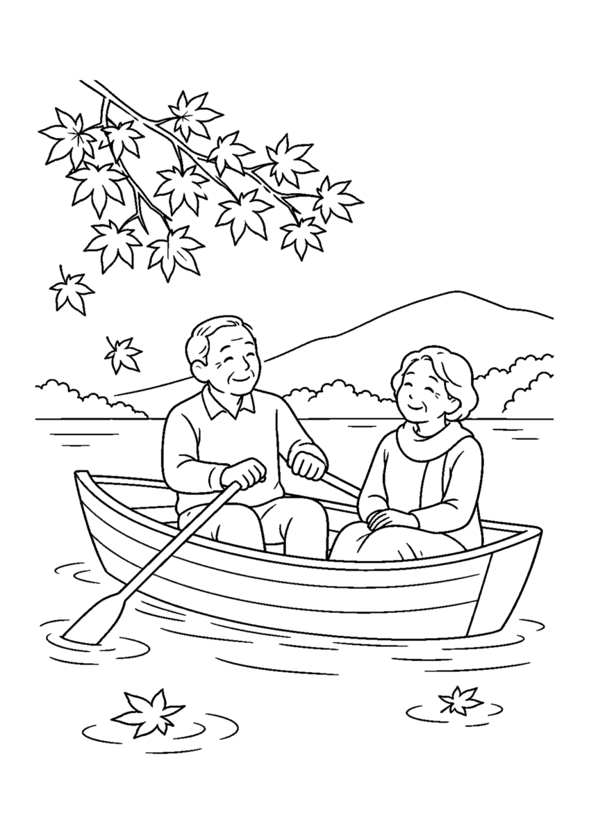 秋のボート遊びを主役に、晩秋の季節感が伝わる自然な一場面を描いた高齢者向けの白黒塗り絵