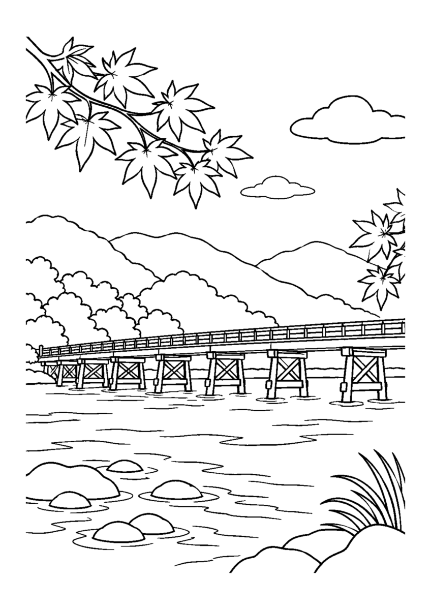 嵐山渡月橋を主役に、晩秋の季節感が伝わる自然な一場面を描いた高齢者向けの白黒塗り絵