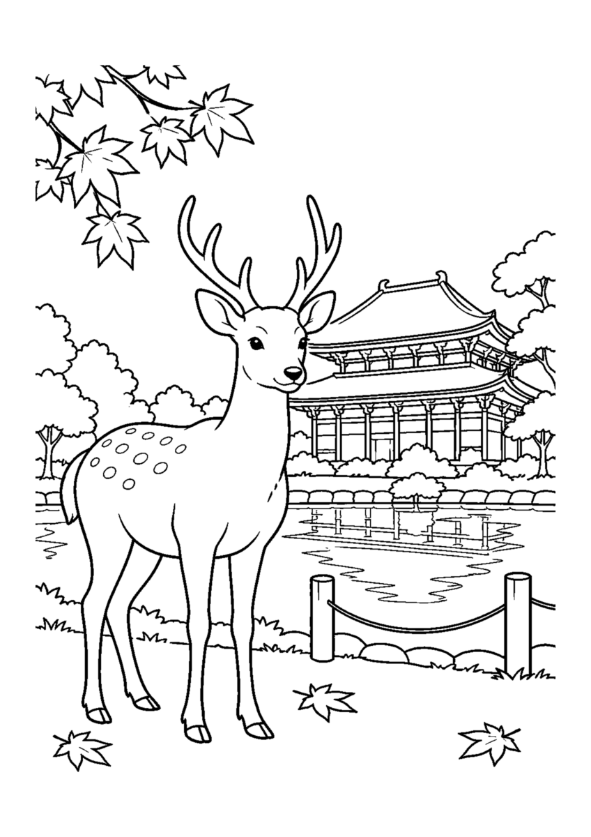奈良公園と鹿を主役に、晩秋の季節感が伝わる自然な一場面を描いた高齢者向けの白黒塗り絵
